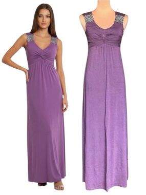 NWOT AVALEIGH Boho Beaded Maxi Dress Sz.M Purple Babydoll Y2K Coastal Feminine
